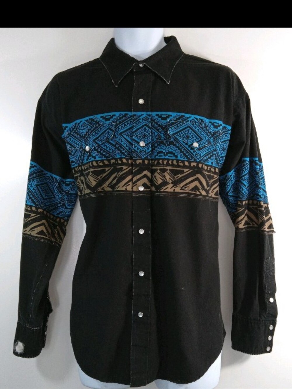 Vtg Black Button-Up Shirt with Blue & Brown Pattern Ruddock Bros.